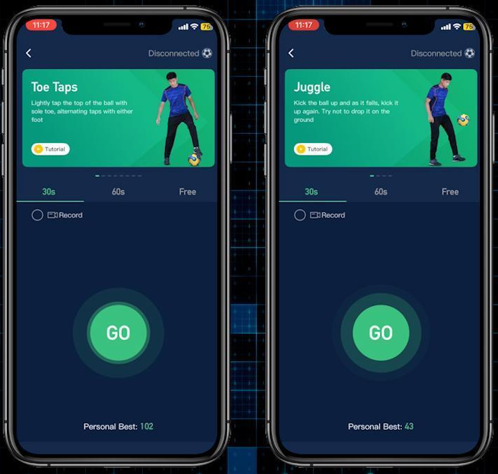 Two official INSAIT JOY app drill screens, showing the Toe Taps and Juggle drills with timing options and personal best scores