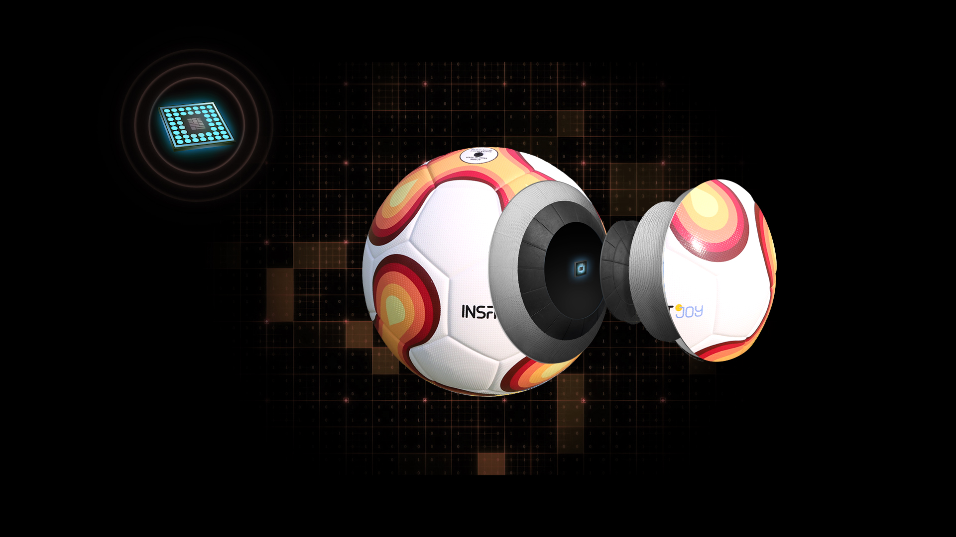 Exploded view of the INSAIT JOY Smart Football showing the sensor module inside the ball and its construction layers